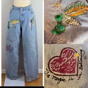 Levi's Vintage 90s Black Batwing Tag 560 Loose Fit Jeans Bedazzled Fairy 36Wx32L